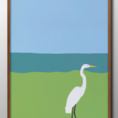 15307□ポスター アート 絵画『ダイサギ 鳥 自然』北欧 A3 イラスト