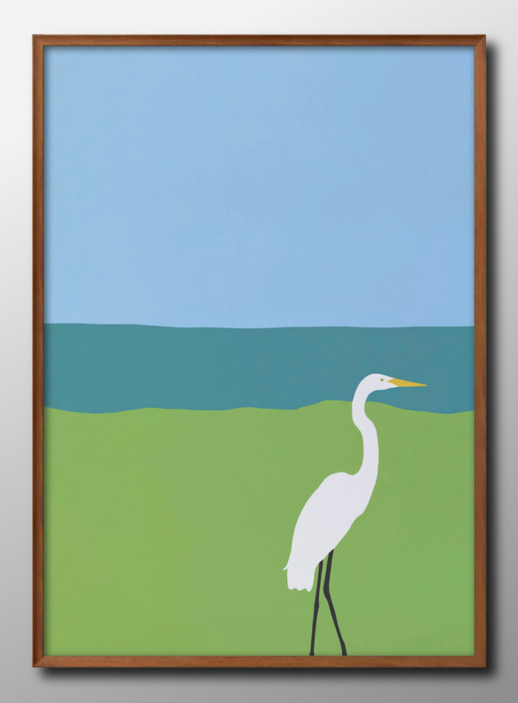 15307□ポスター アート 絵画『ダイサギ 鳥 自然』北欧 A3 イラスト