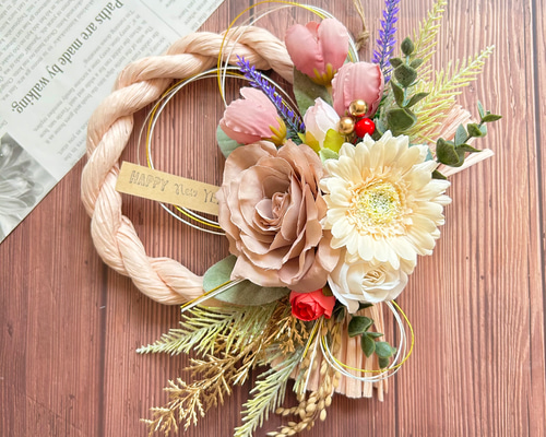 No.203 薔薇のしめ縄リース2025 ハンドメイドお正月飾り玄関