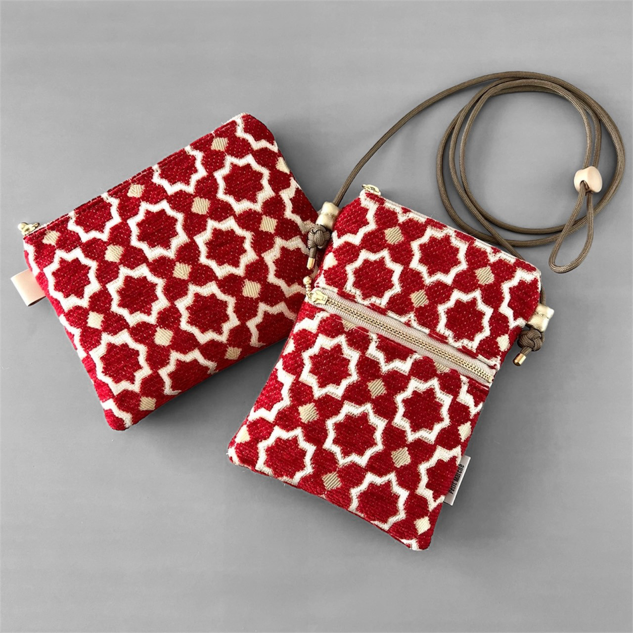 【受注制作】モロッカン生地のポーチとポシェット　マムニア　レッド  ♦ギフトにおすすめ♦