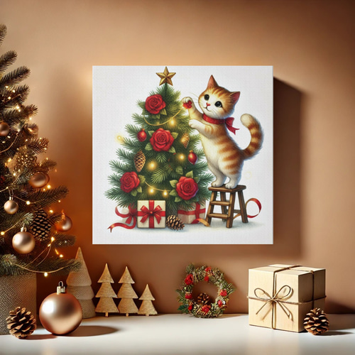 クリスマスツリーの飾りつけをする茶トラ子猫ちゃん」 ～キャンバス