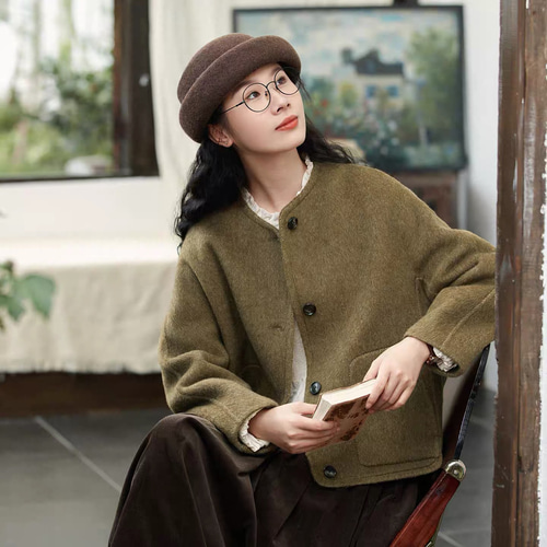 【完売品】ウール襟付きカーディガンコート ジャケット 【未使用品】 カーディガン 取り外し可襟ボア付きカーディガン レディース