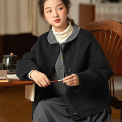 2色 上質ウール100%　ノーカラーのコート　ポケット付き【冬春秋】グレー/チャコールグレー 2枚目の画像