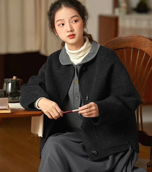 2色 上質ウール100%　ノーカラーのコート　ポケット付き【冬春秋】グレー/チャコールグレー 2枚目の画像