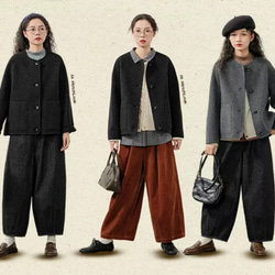 2色 上質ウール100%　ノーカラーのコート　ポケット付き【冬春秋】グレー/チャコールグレー 14枚目の画像