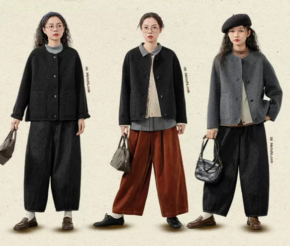 2色 上質ウール100%　ノーカラーのコート　ポケット付き【冬春秋】グレー/チャコールグレー 14枚目の画像