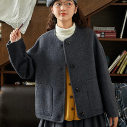 2色 上質ウール100%　ノーカラーのコート　ポケット付き【冬春秋】グレー/チャコールグレー 12枚目の画像