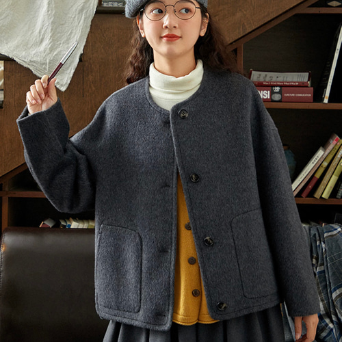 2色 上質ウール100% ノーカラーのコート ポケット付き【冬春秋】グレー