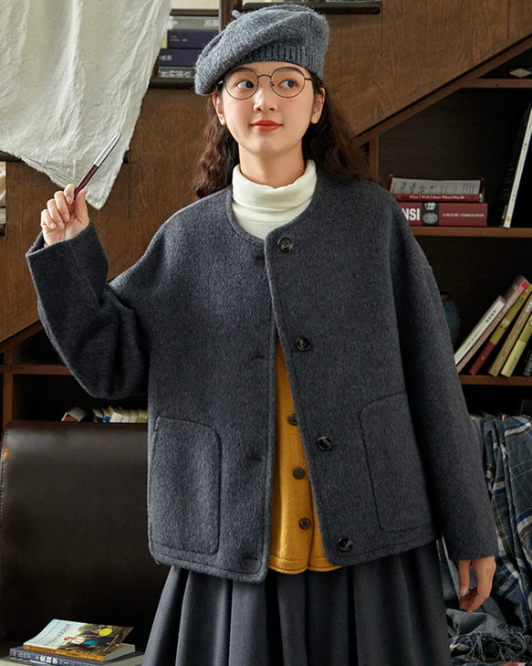 2色 上質ウール100%　ノーカラーのコート　ポケット付き【冬春秋】グレー/チャコールグレー 12枚目の画像