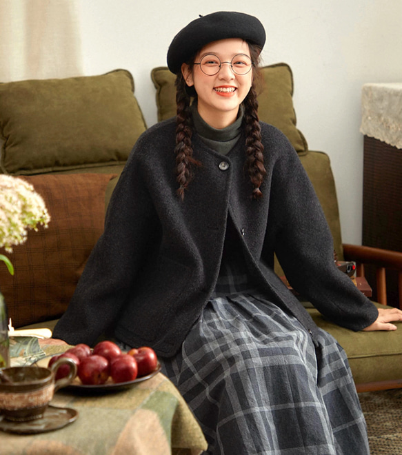 2色 上質ウール100%　ノーカラーのコート　ポケット付き【冬春秋】グレー/チャコールグレー 4枚目の画像