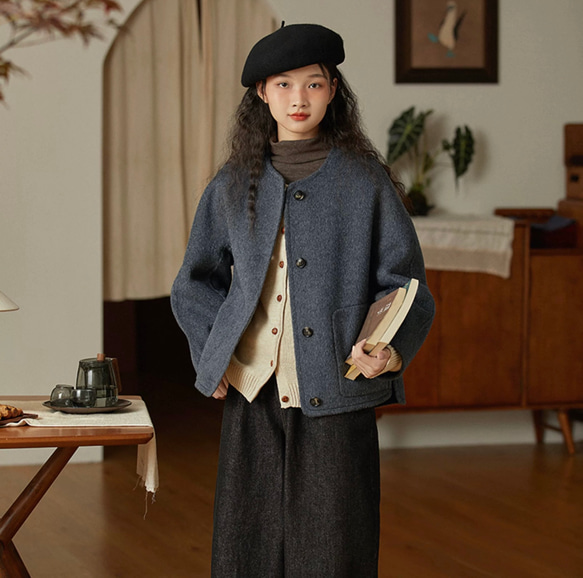 2色 上質ウール100%　ノーカラーのコート　ポケット付き【冬春秋】グレー/チャコールグレー 11枚目の画像