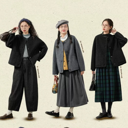 2色 上質ウール100%　ノーカラーのコート　ポケット付き【冬春秋】グレー/チャコールグレー 15枚目の画像