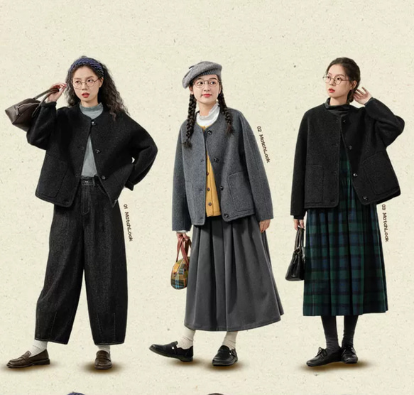 2色 上質ウール100%　ノーカラーのコート　ポケット付き【冬春秋】グレー/チャコールグレー 15枚目の画像