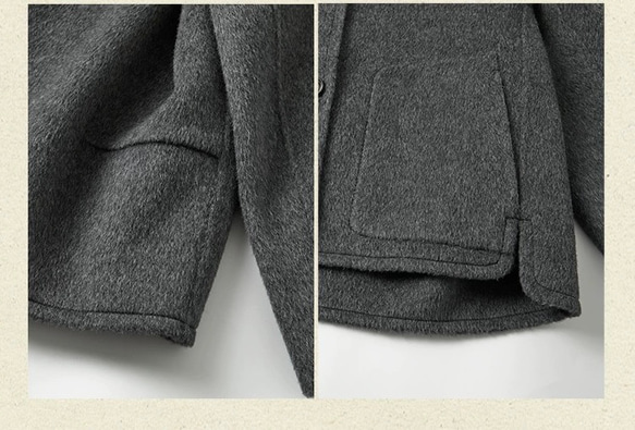 2色 上質ウール100%　ノーカラーのコート　ポケット付き【冬春秋】グレー/チャコールグレー 6枚目の画像