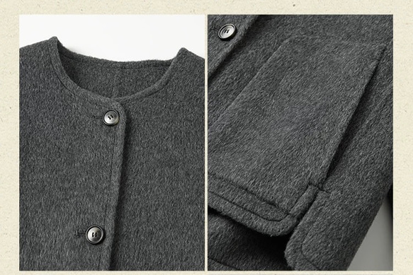 2色 上質ウール100%　ノーカラーのコート　ポケット付き【冬春秋】グレー/チャコールグレー 5枚目の画像