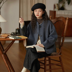 2色 上質ウール100%　ノーカラーのコート　ポケット付き【冬春秋】グレー/チャコールグレー 9枚目の画像