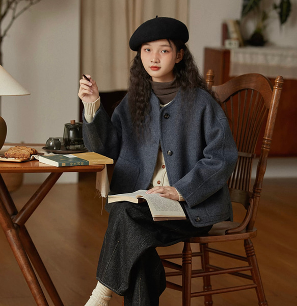 2色 上質ウール100%　ノーカラーのコート　ポケット付き【冬春秋】グレー/チャコールグレー 9枚目の画像