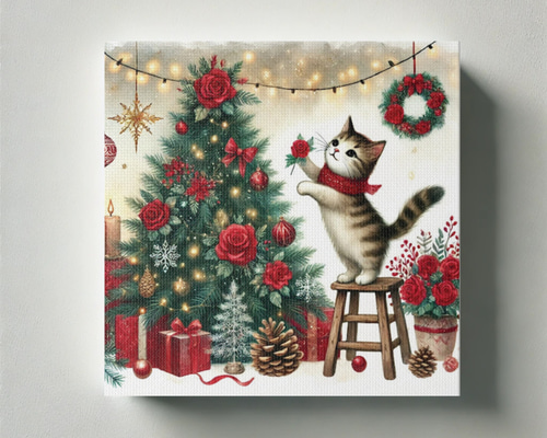 クリスマスツリーの飾りつけをするキジトラ子猫ちゃん」 ～キャンバス