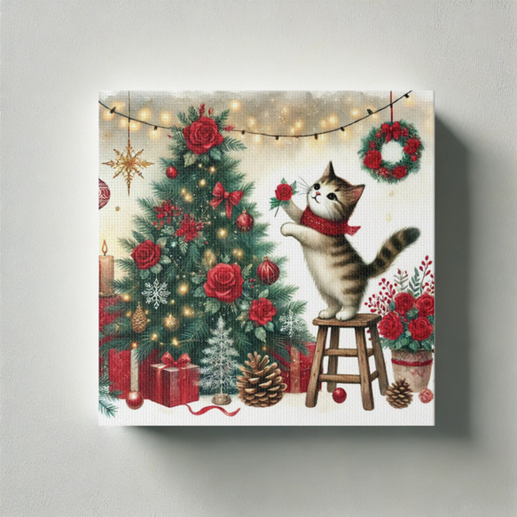 クリスマスツリーの飾りつけをするキジトラ子猫ちゃん」 ～キャンバス