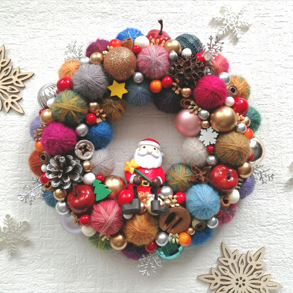 【販売済】毛糸玉リース★クリスマス カラフルでにっこり☆毛糸玉のクリスマスリース〜星のステッキを