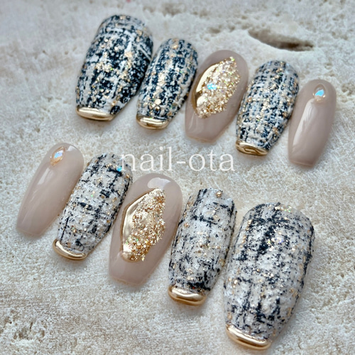 ネイルチップ ツイードネイル ブラック ホワイト 白黒 大人ネイル