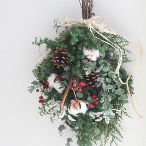 早割☆フレッシュクリスマススワッグ赤☆クリスマスリース ナチュラル