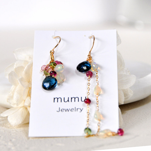 14kgf/ロンドンブルートパーズxトルマリンアシンメトリーピアス ピアス  