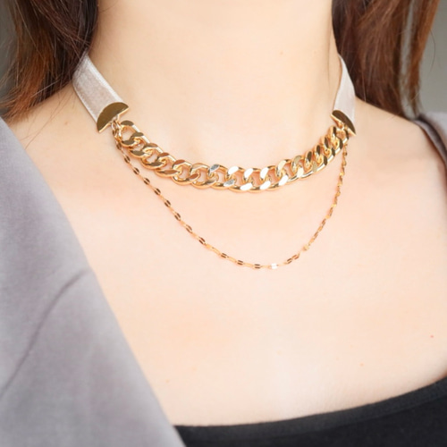 ベロアリボンと2連チェーンのチョーカーネックレス チョーカー Mommy