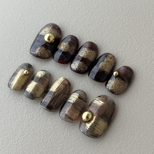 送料無料】 No.9 ブラウンゴールド/ライン ネイルチップ ジェルネイル