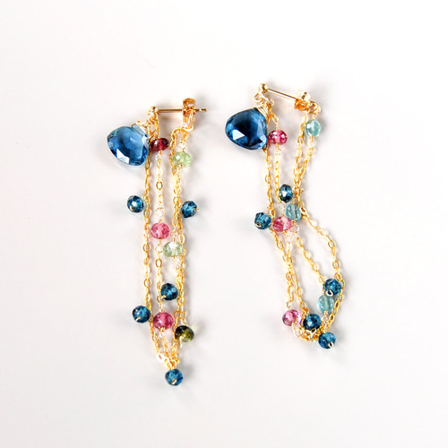 14kgf/ロンドンブルートパーズxトルマリン フープチェーンピアス