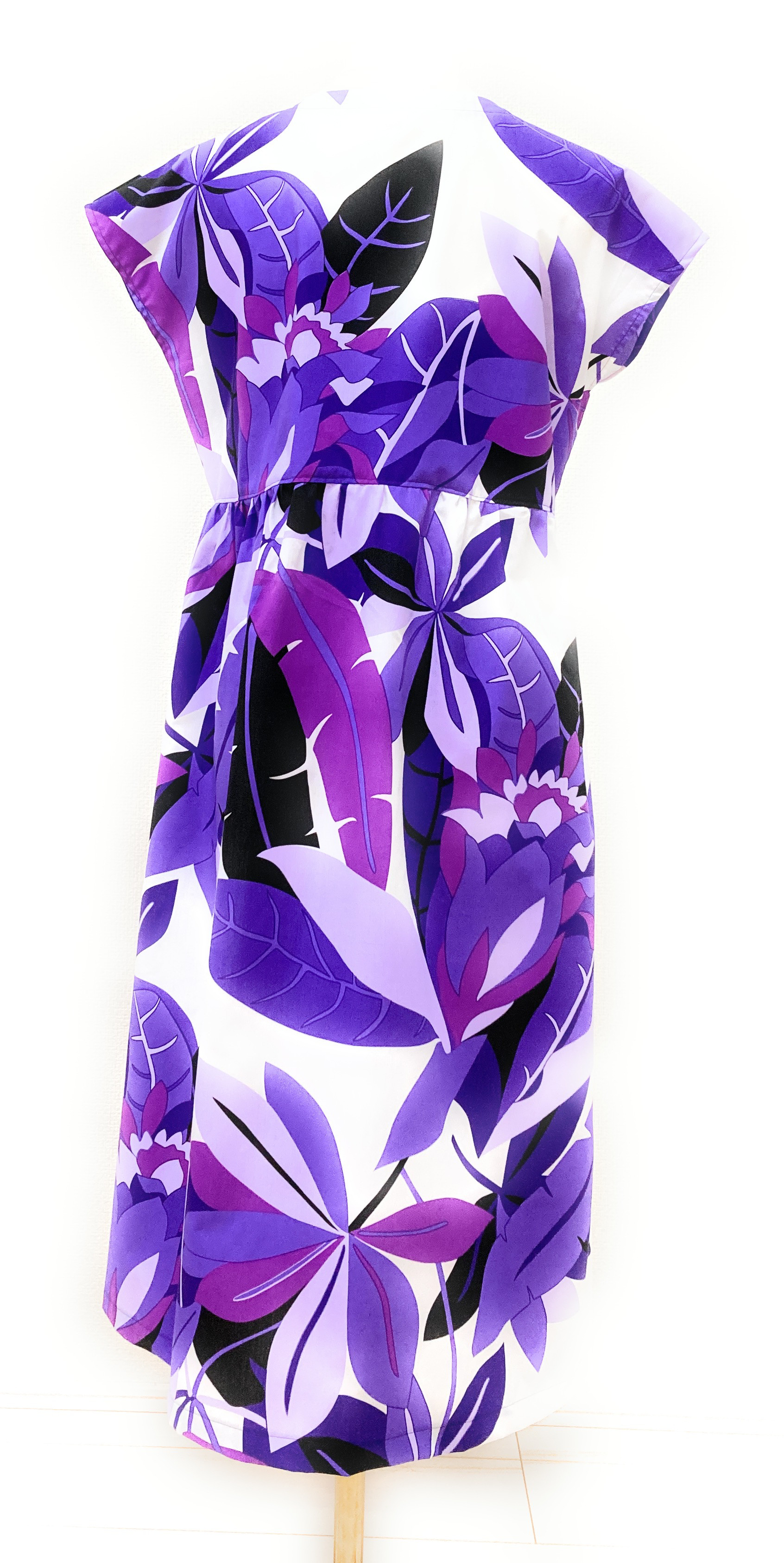 ハワイアン カシュクール・ワンピース Mサイズ マイア柄 パープル [hop6-177M]