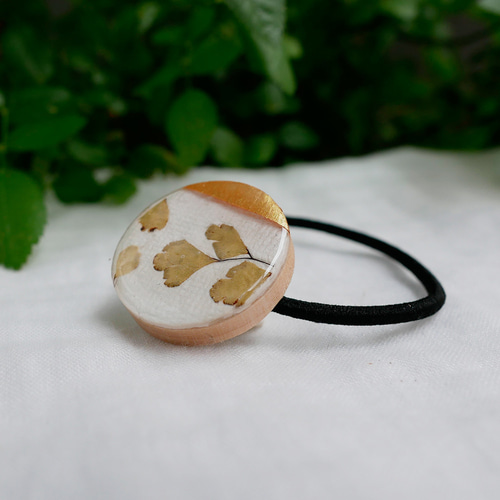 押し葉×和紙 ヘアゴム ゴールド 木製 丸 押し葉 押し花 和紙