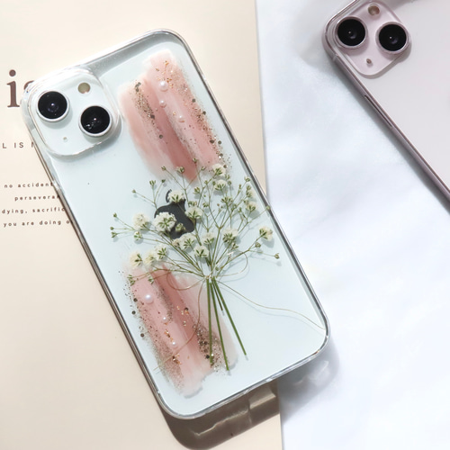 ニュアンスデザインとかすみ草のブーケ スマホケース 押し花