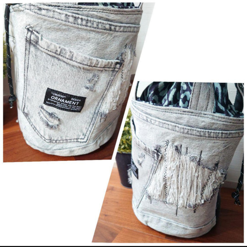 レアデニム✨No566【Gray damage DENIM✖️circle BAG】デニムリメイク
