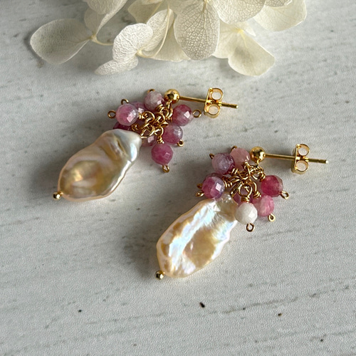 淡水ケシパール /ピンクトルマリンシリカ ピアス ピアス（スタッド・一 
