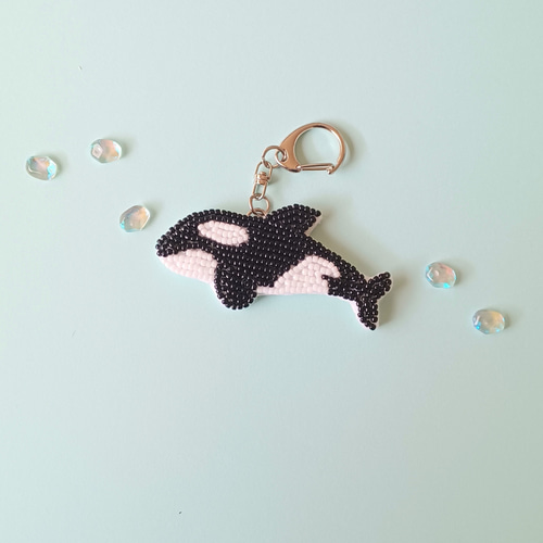 海の生き物で最強！ ～シャチ～ 海の生き物 ビーズ刺繍キーホルダー