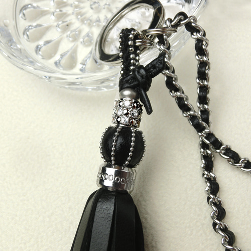 レザー巻き玉 タッセルキーホルダー ステンレスチェーン NOIR