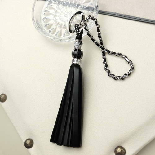 レザー巻き玉 タッセルキーホルダー ステンレスチェーン NOIR レザー巻き玉 タッセルキーホルダー ステンレスチェーン NOIR