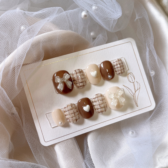 オーダーネイルチップ♡秋冬くすみブラウン量産型フレンチガーリー茶色韓国チェック柄 オーダーネイルチップ♡秋冬くすみブラウン量産型フレンチガーリー茶色