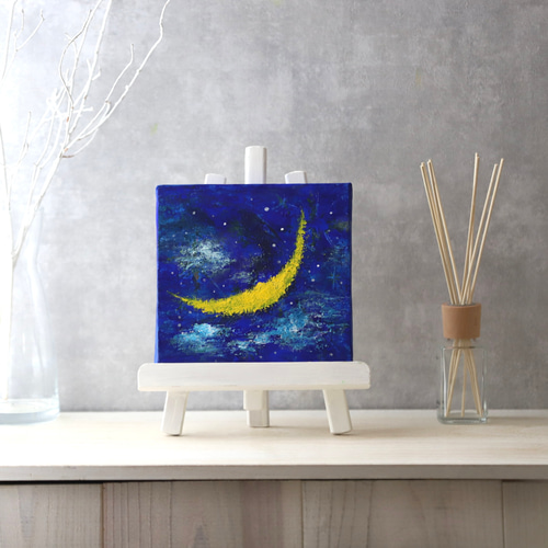 原画】三日月 18cm角 絵画 キャンバス ましかく 送料無料 絵画