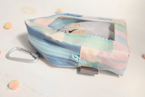 ベビちゃんサイズ夢のマイホーム　（ほんわか水色ブロックチェック柄ぬいぐるみ用お家型ポーチ） 3枚目の画像