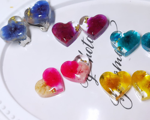 レジンフラワーハートピアス イヤリン 金具変更可能 カジュアル