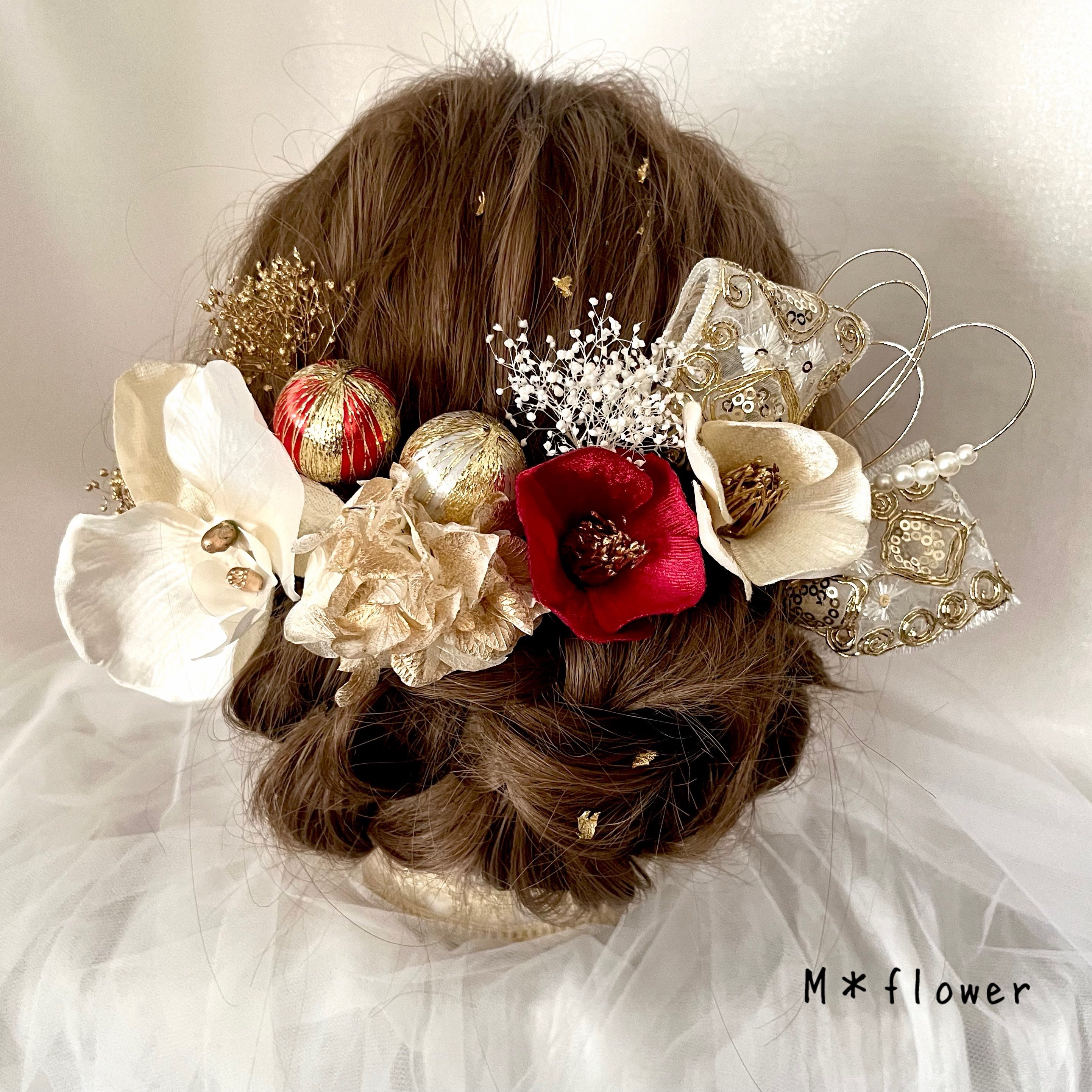 《送料無料》⌘ベルベット椿と胡蝶蘭の髪飾り⌘成人式 和装  卒業式 紅白 水引 刺繍リボン