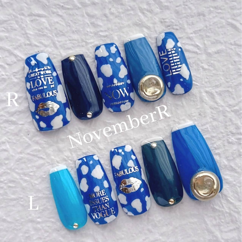 LA760☆ブルー系ワンカラー×牛柄ネイルチップ ネイルチップ