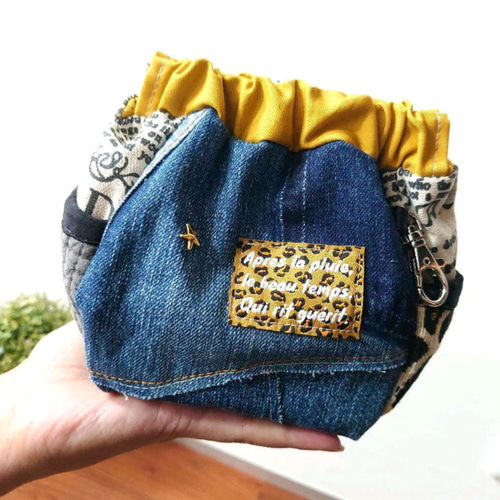 No.565【DENIM Remake✖️バネポーチ ヒョウ柄タグ】デニムリメイク 