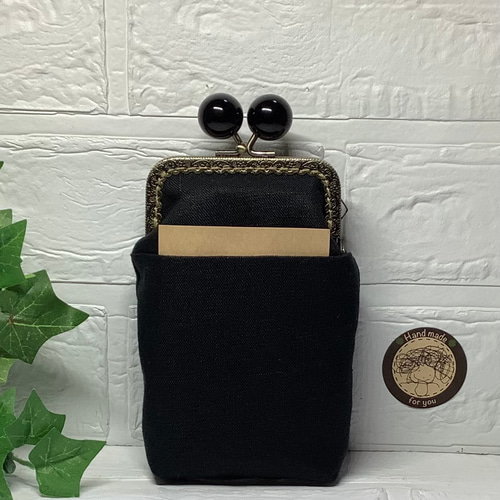 8.5cmあめ玉の口金・がま口ポーチ・iQOSケース・アイコス・黒・麻