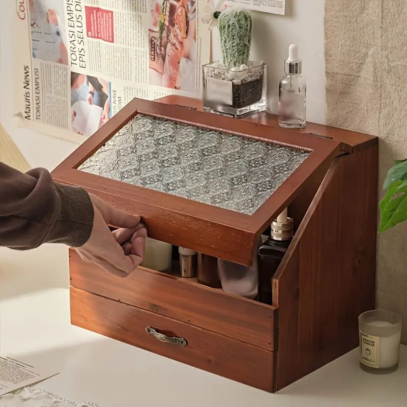 アンティーク　レトロ化粧BOX クリーム色 二段引き出し