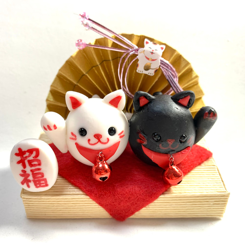 ☆白黒招き猫ちゃん招福飾り(受注生産） 樹脂粘土 招き猫 おり姫 通販