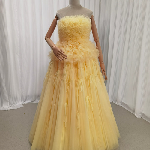 送料無料！カラードレス ベアトップ 編み上げ クリームイエロー リボン