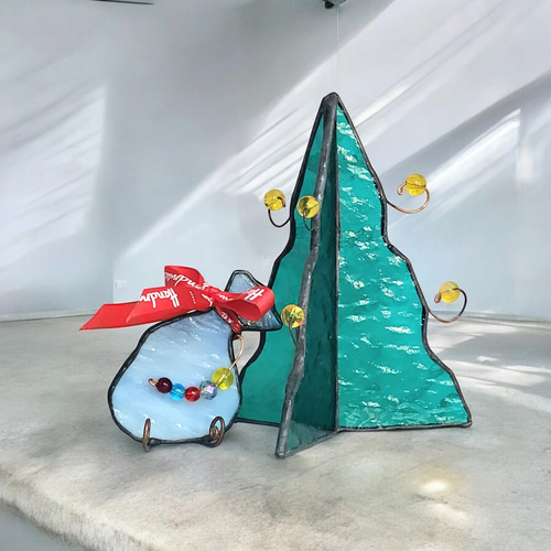 ステンドグラス☆クリスマスツリーの置物 省スペースクリスマス クリスマスツリー プレゼント 置物 2個セット